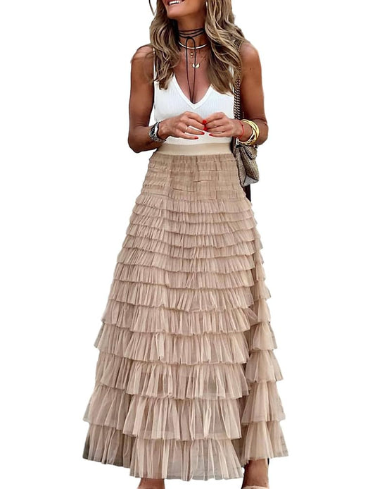 Long Tulle Skirt for Women Trendy High Waisted A Line Fluffy Fairy Mesh Layered Ruffle Skirt(Khaki, L)