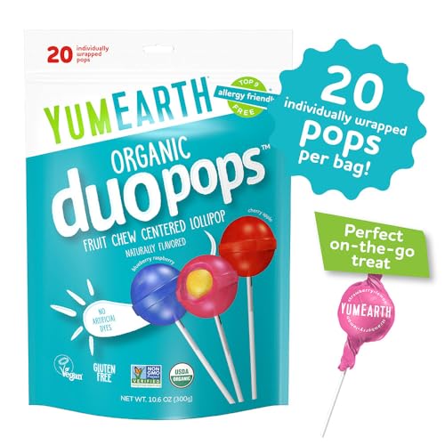 YumEarth Organic Duo Pops, Lollipops with Fruit Chew Centers - Allergy Friendly (Top 9 Free), No Artificial Dyes or Flavors, Non GMO, Gluten Free, Vegan Candy Snacks - 20 Individually Wrapped Pops