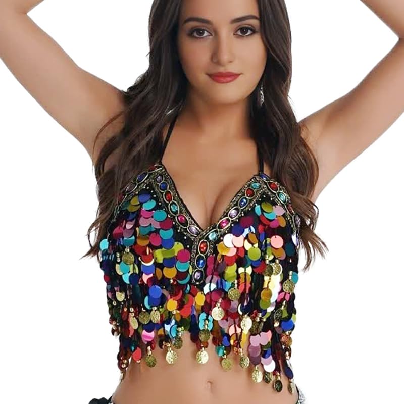 Wuchieal Sequin Halter Bra Top Salsa Belly Dance Boho Festival Clubbing Tribal Bra BH Top (One Size, Black with Colorful Beads)