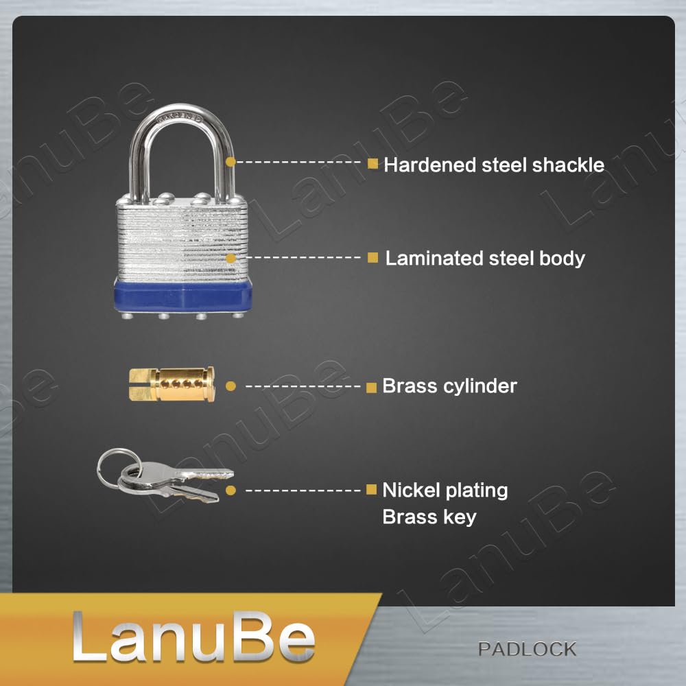 LanuBe Lock Laminated keyed Padlock (1-9/16", 40mm), keyed Alike Locks, Normal Shackle, Marked Blue Plastic Hoop, Pack of 2