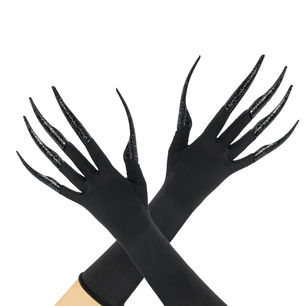 Xiao Cheng Ming Zhu Long Finger Claw Gloves Black paw gloves, scary vampire witch demon crow Halloween Cat nail rings Cosplay costume accessories For women costume (gloves & 10pcs claws)
