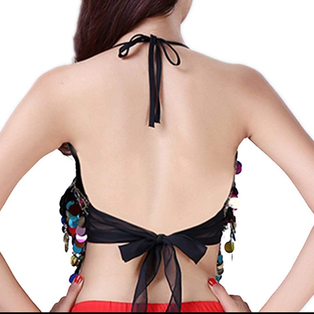 Wuchieal Sequin Halter Bra Top Salsa Belly Dance Boho Festival Clubbing Tribal Bra BH Top (One Size, Black with Colorful Beads)