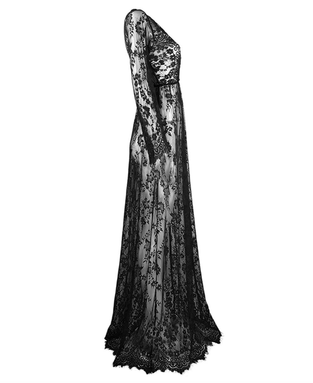 ZIUMUDY Sexy Deep V-Neck Long Sleeve Lace Beach See-Through Maternity Maxi Dress (XX-Large, Black)