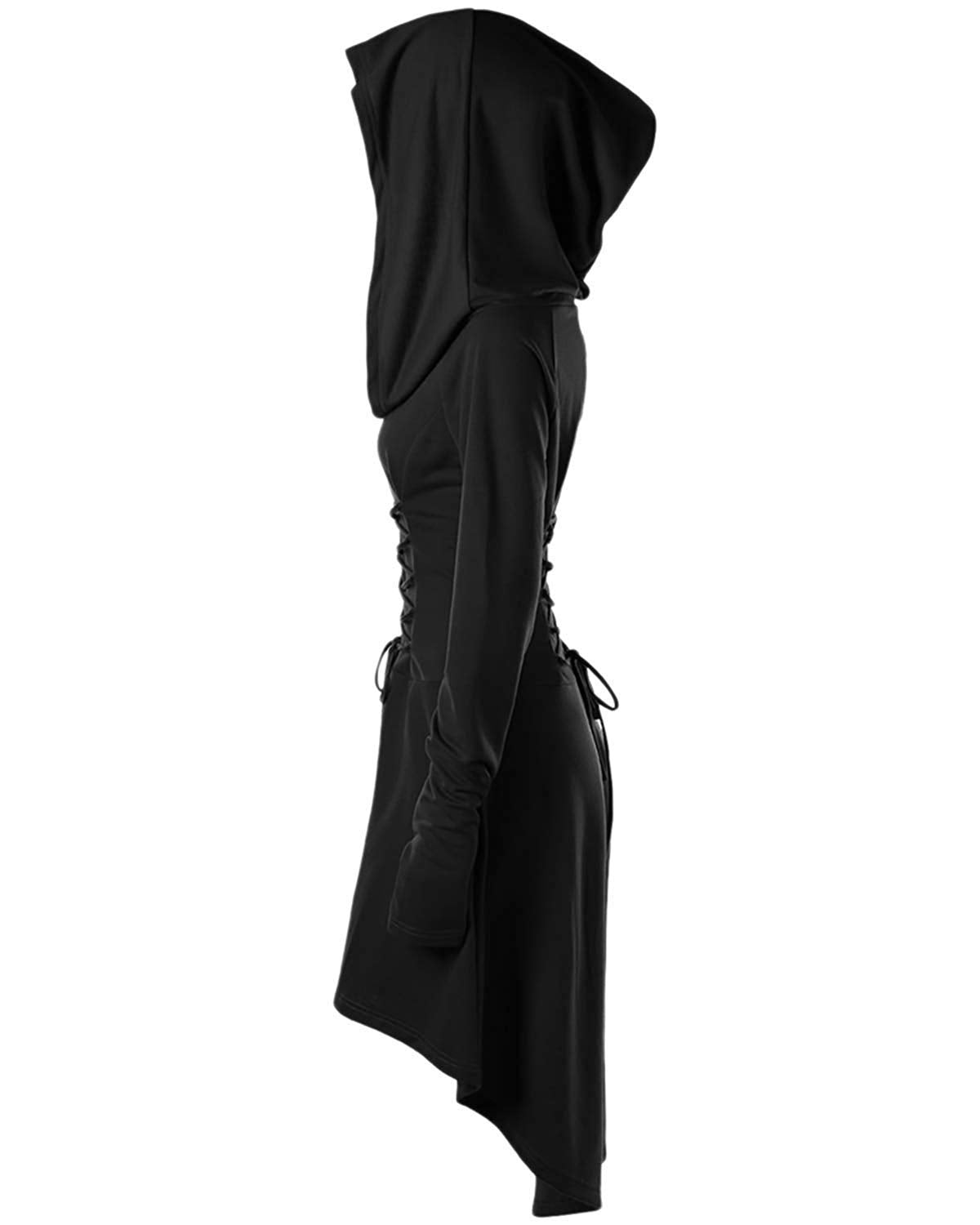 Womens Renaissance Costumes Hooded Robe Lace Up Vintage Pullover High Low Long Hoodie Dress Black