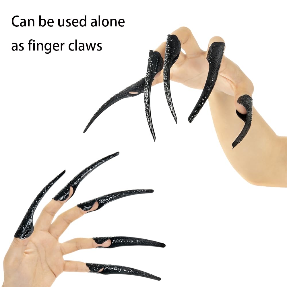 Xiao Cheng Ming Zhu Long Finger Claw Gloves Black paw gloves, scary vampire witch demon crow Halloween Cat nail rings Cosplay costume accessories For women costume (gloves & 10pcs claws)