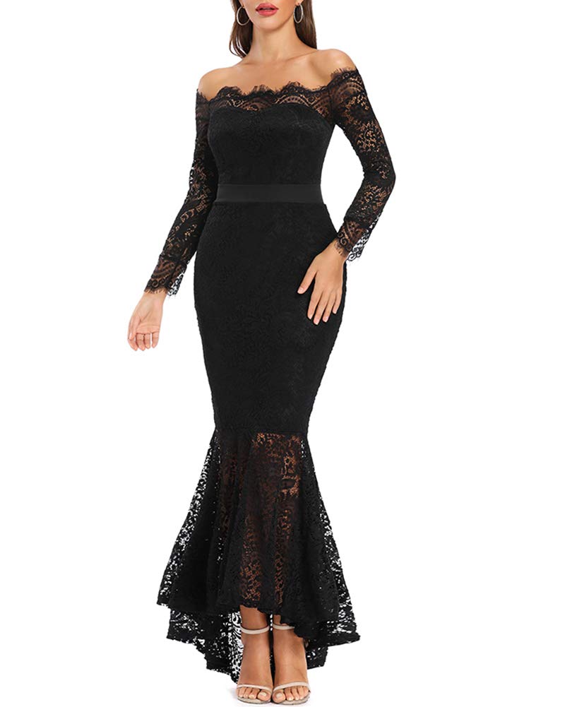 LALAGEN Women's Floral Lace Long Sleeve Off Shoulder Wedding Mermaid Dress Black XL