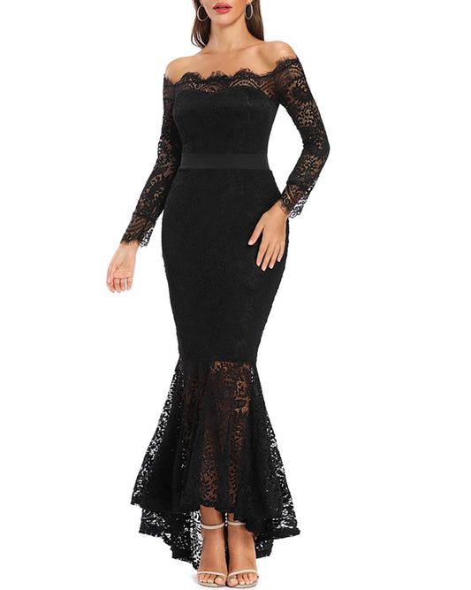 LALAGEN Women's Floral Lace Long Sleeve Off Shoulder Wedding Mermaid Dress Black XL