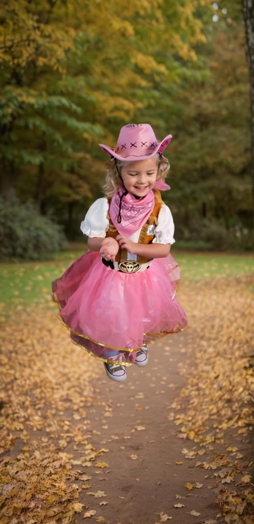 yolsun Cowgirl Costume for Girls Western Cowgirl Outfit with Hat and Bandanna Halloween Theme Party and Role Play (3-4 Years, Pink)