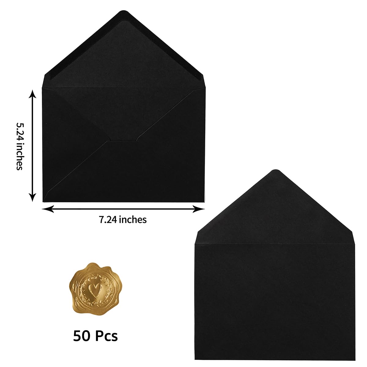 50 Pack A7 Colorful 5x7 Envelopes V Flap Invitation Envelopes for 5x7 Cards, Birthday, Weddings, Graduations, Greeting Cards, Baby Shower 5.24 x 7.24 Inches (Black)