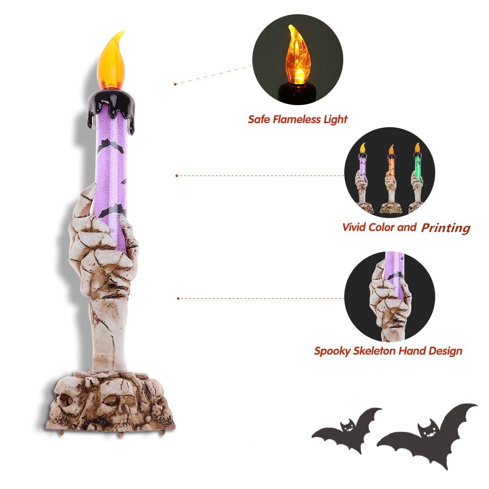 YBB 3 Pack Halloween Skeleton Hand Candle Holder Light, Skull Ghost Flameless Candle Lamp for Halloween Party Table Centerpiece Decoration (Green, Orange, Purple)