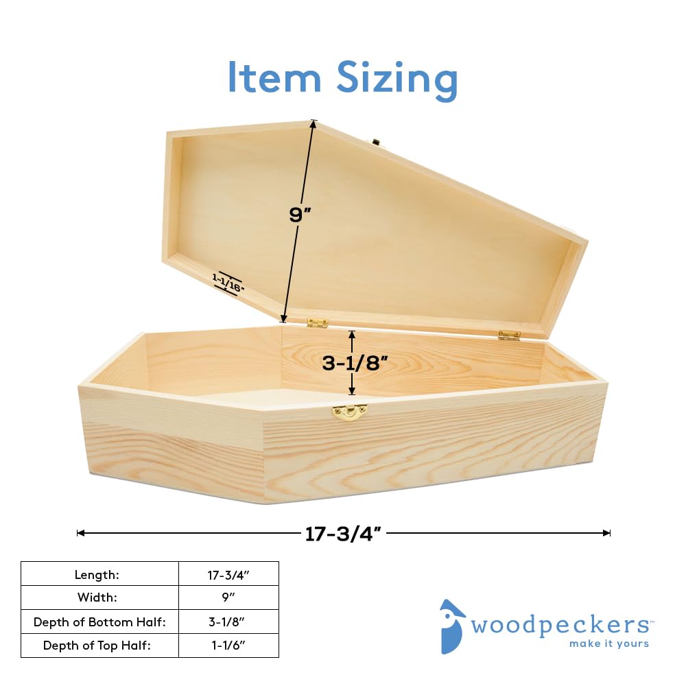 Woodpeckers Large Halloween Coffin Box Unfinished Wood, 17-3/4 inch, 1-Pack, for Halloween Crafts, Gift Box, Party Décor, or Pet Casket