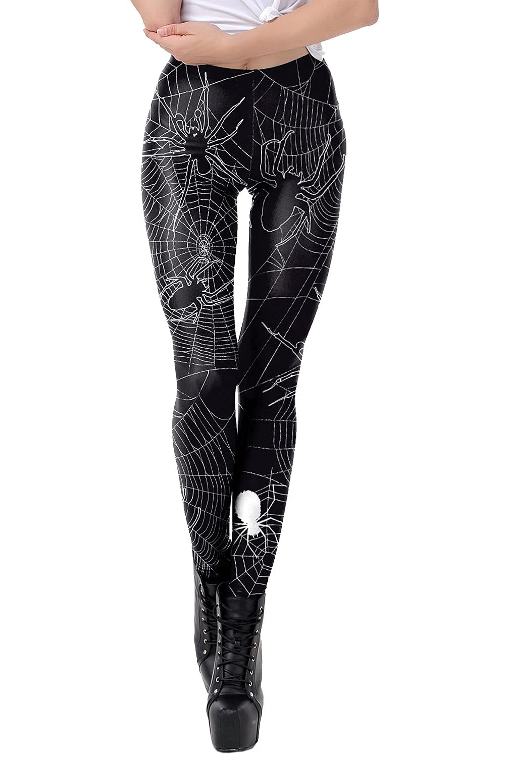 Womens Halloween Skeleton Leggings Pumpkin Costume Cosplay Tight Leggings M Black Spider Web