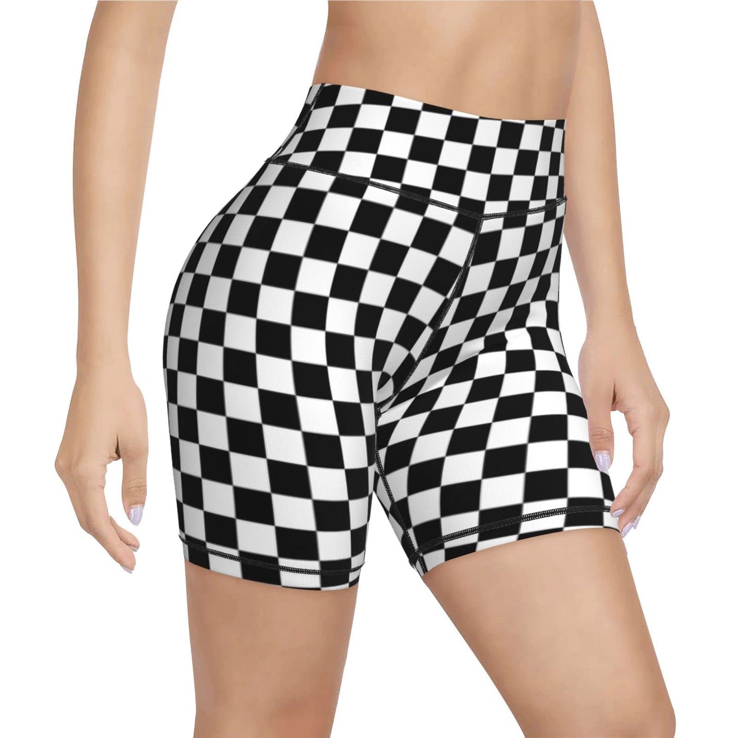 Yaateeh Checkerboard Chess Board Women's High Waist Bike Shorts for Workout Sports Athletic Running Hiking Biker Yoga Gym Medium Black