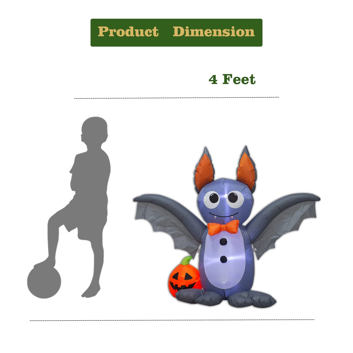 Ycolnaefllr 4 Foot Long Lighted Halloween Inflatable Bat & Pumpkin LED Lights Decor Outdoor Indoor Holiday Decorations, Blow up Lighted Yard Decor, Giant Lawn Inflatables Home Family Outside