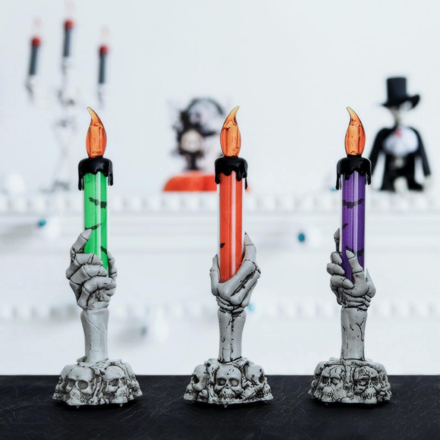 YBB 3 Pack Halloween Skeleton Hand Candle Holder Light, Skull Ghost Flameless Candle Lamp for Halloween Party Table Centerpiece Decoration (Green, Orange, Purple)