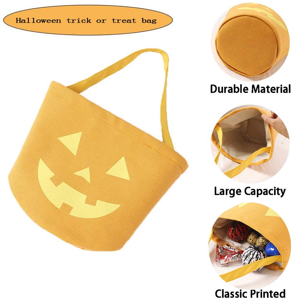Zhenpony Halloween Trick or Treat Bag, Pumpkin Canvas Candy Tote Bucket Multipurpose Portable Collapsible Reusable Goody Bucket - Best Halloween Party Gifts