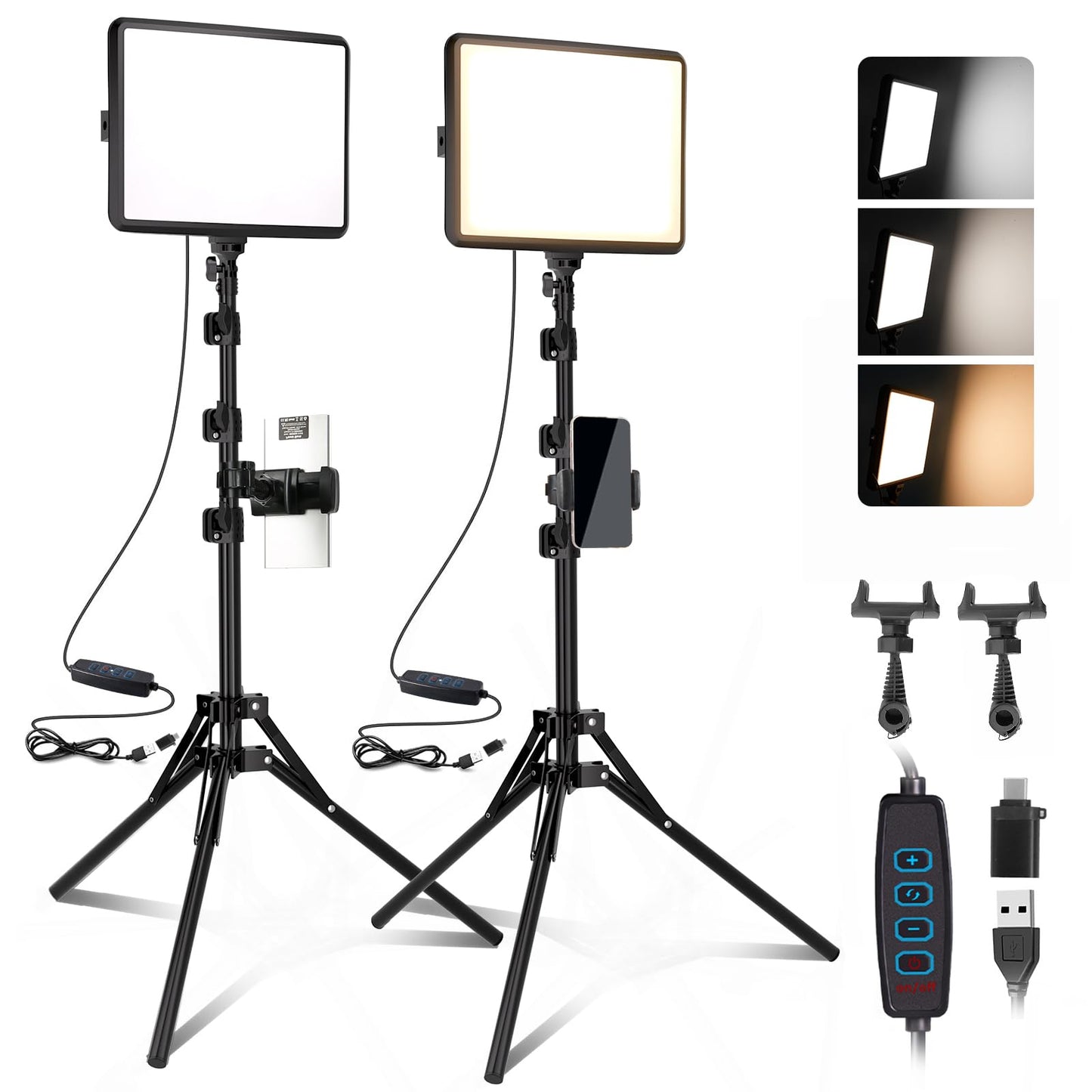 2-Pack LED Video Light Kit, NiceVeedi Studio Light, 2800-6500K Dimmable Photography Lighting Kit with Tripod Stand&Phone Holder, 73" Stream Light for Video Recording, Game Streaming, YouTube