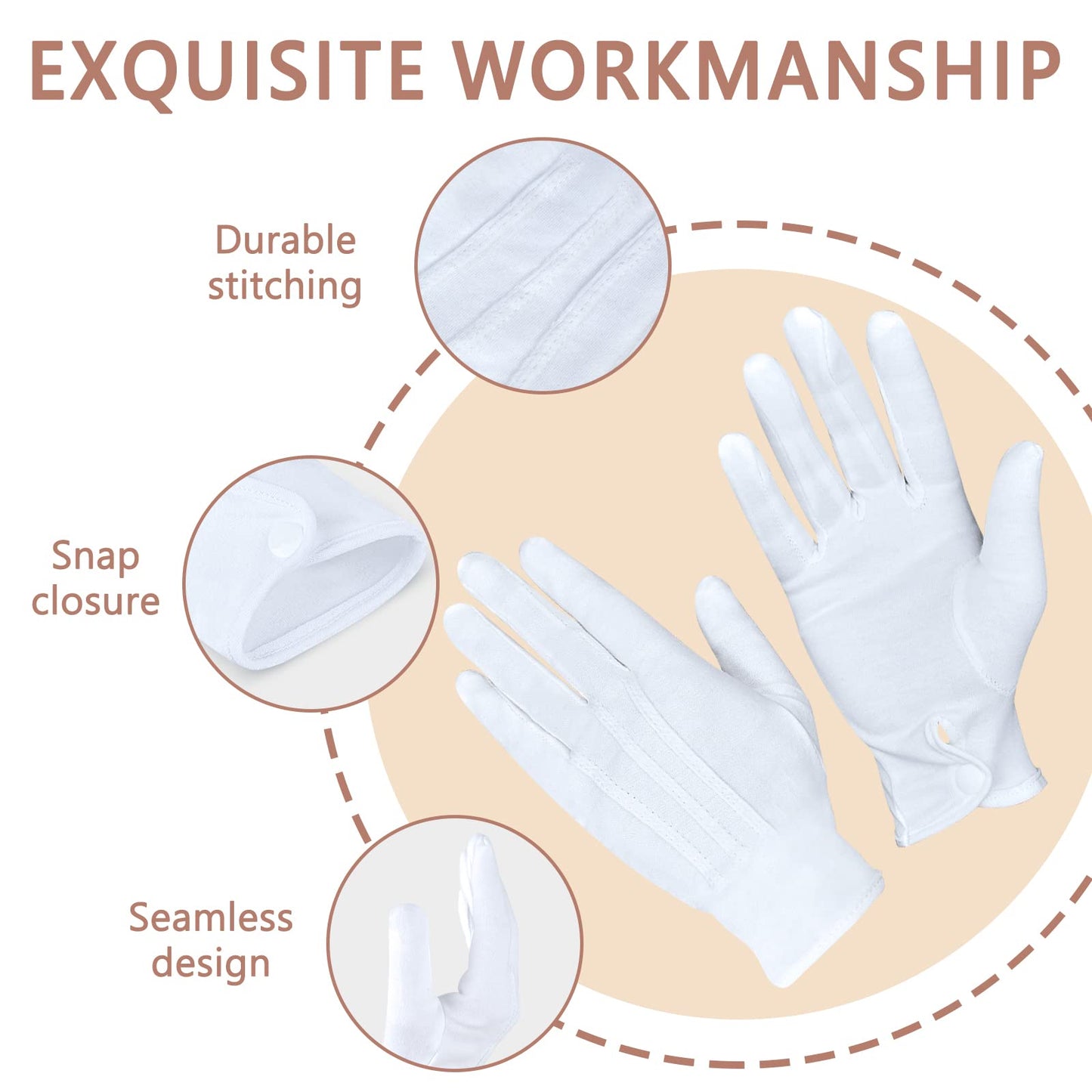 Zenssia Parade Formal White Cotton Tuxedo Costume Gloves with Snap Cuff, Silver Coin Jewelry Inspection Gloves 1 Pair