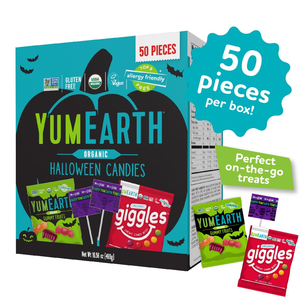 YumEarth Organic Halloween Variety Box - Allergy Friendly (Top 9 Free), No Artificial Dyes or Flavors, Non GMO, Gluten Free, Vegan Candy Snacks, Individually Wrapped (Pack of 50)