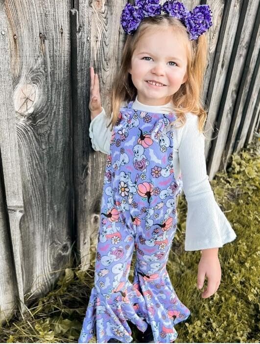 YOKJZJD Toddler Baby Girl Halloween Outfit Pumpkin Ghost Suspender Romper Jumpsuit Overalls Bell Bottom Pants Fall Clothes (Purple, 2-3 Years)