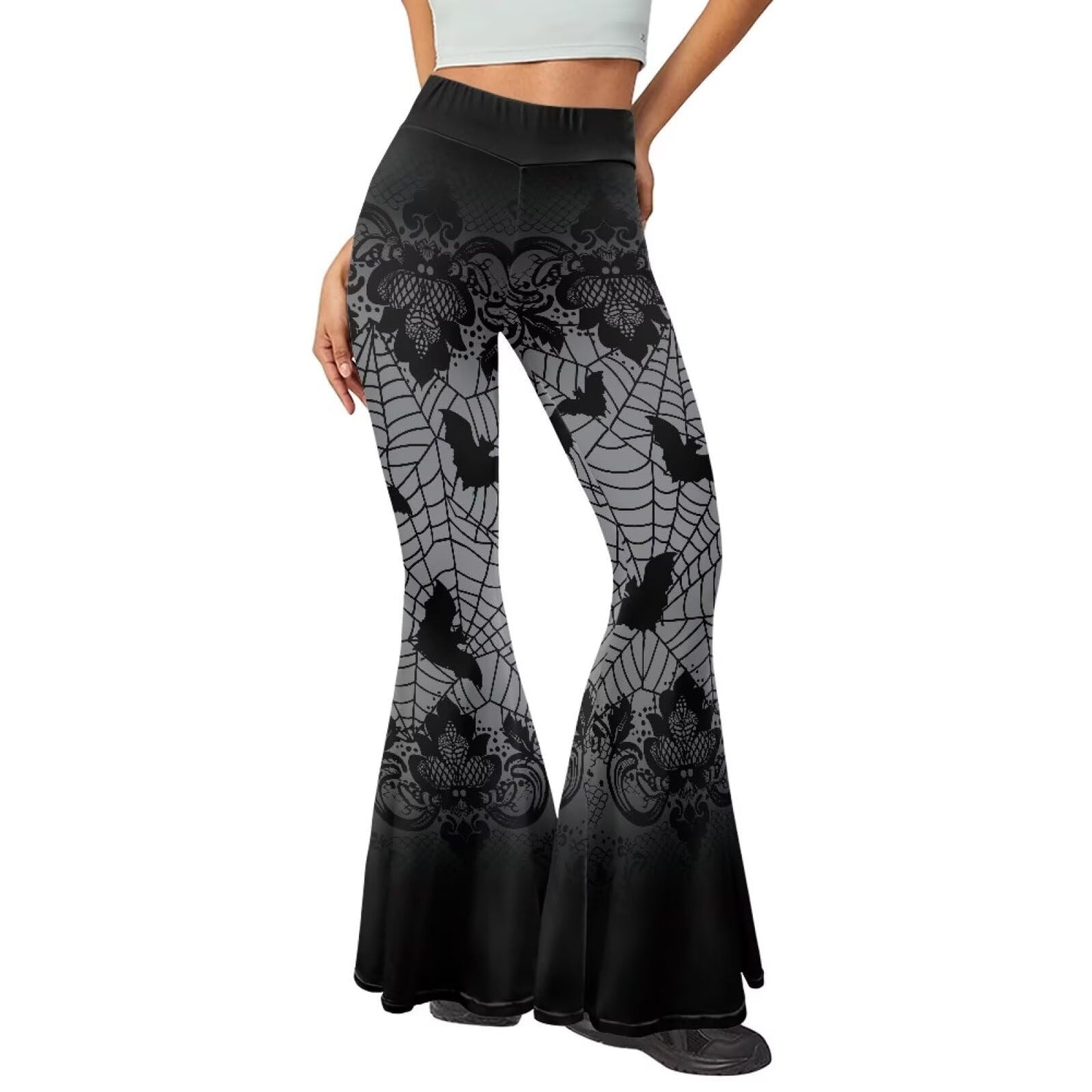 YEXIATODO Spider Web Pants for Women Halloween Bell Bottom Leggings for Women Fleece Lined Yoga Pants Slimming Booty Leggings for Workout Running Pilate Dance