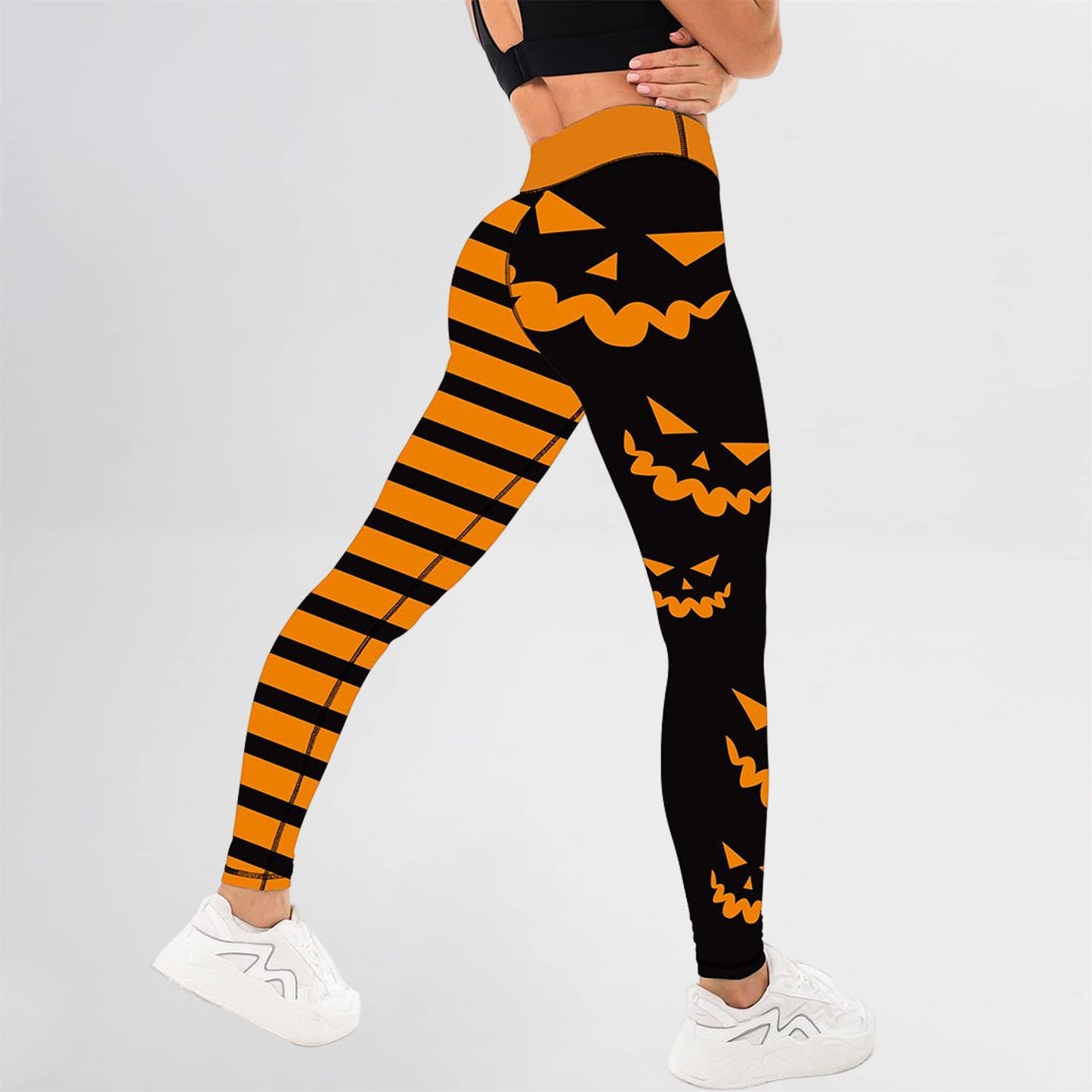 Yoga Legging Halloween Pumpkin Head Stripes Print Fashion Tummy Control Slimming High Waist Workout Pants for Gym Women's Sports DanceS