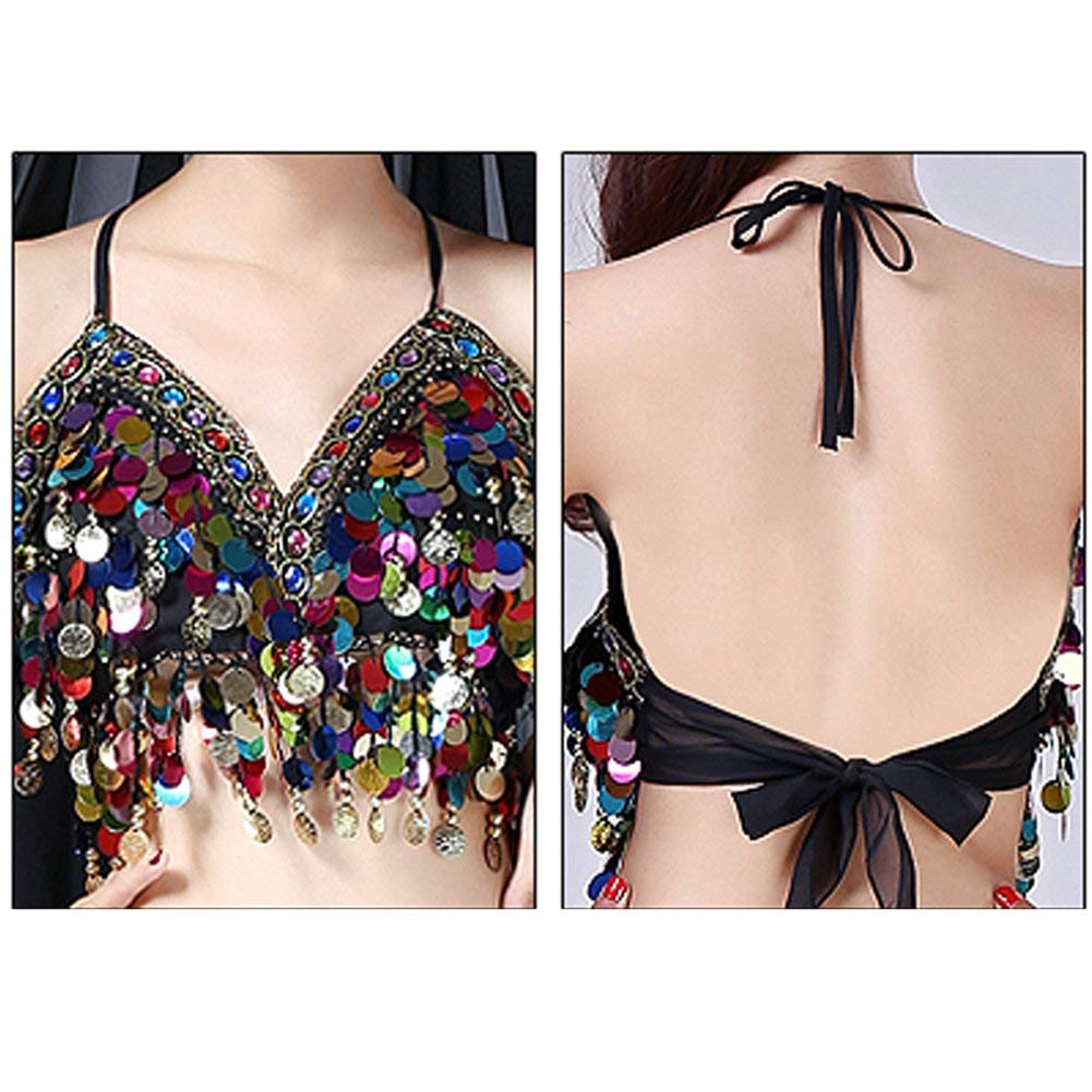 Wuchieal Sequin Halter Bra Top Salsa Belly Dance Boho Festival Clubbing Tribal Bra BH Top (One Size, Black with Colorful Beads)