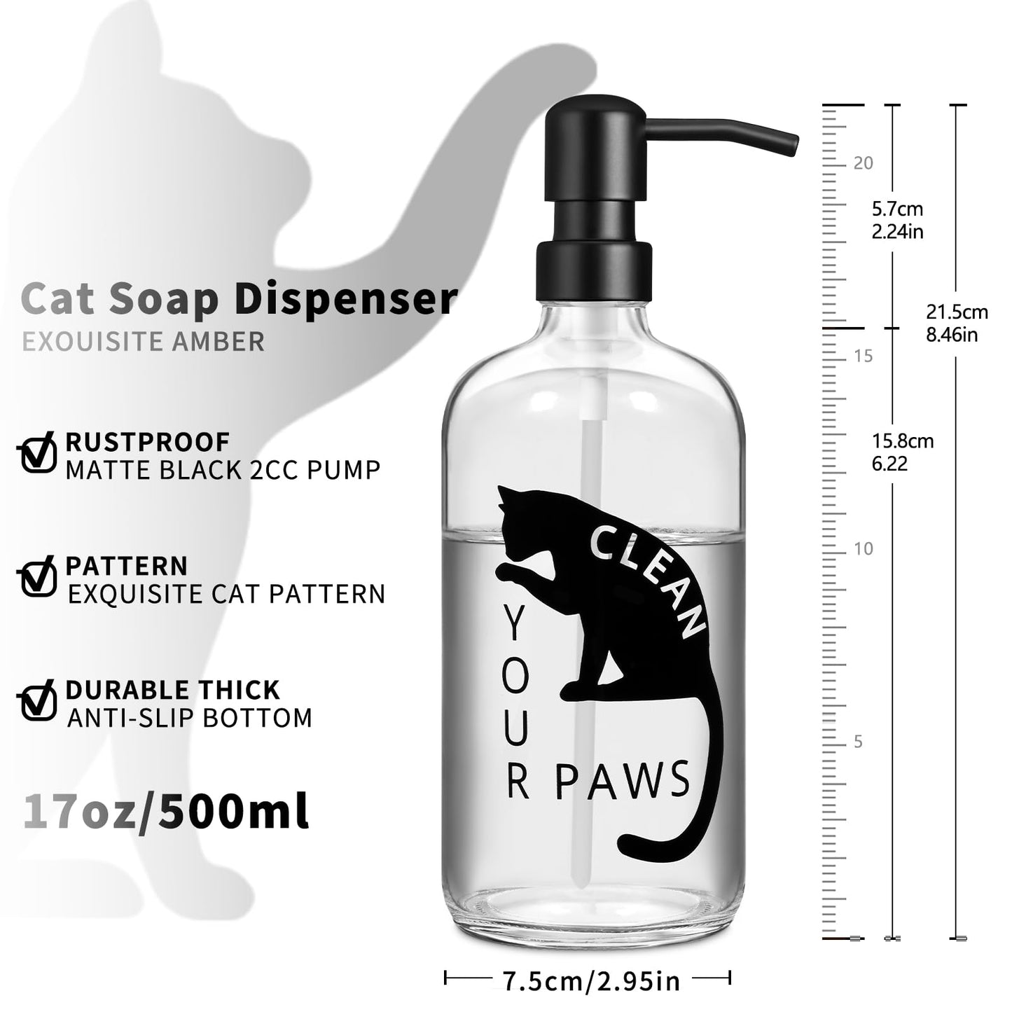 zuxzmj Black Cat Soap Dispenser 17 oz Clear Glass Hand Soap Bottle with 304 Stainless Steel Pump for Bathroom or Kitchen Countertop Cat Lover Gift Idea