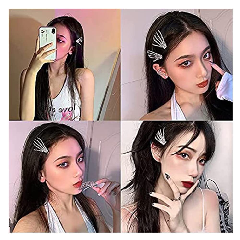 ZAHSY Hair Clip Rhinestone Skeleton Hand, 2 Count Halloween Hair Accessories for Women Girls, Silver, Skull Hand Hair Clips Barrettes Cosplay Party Favor