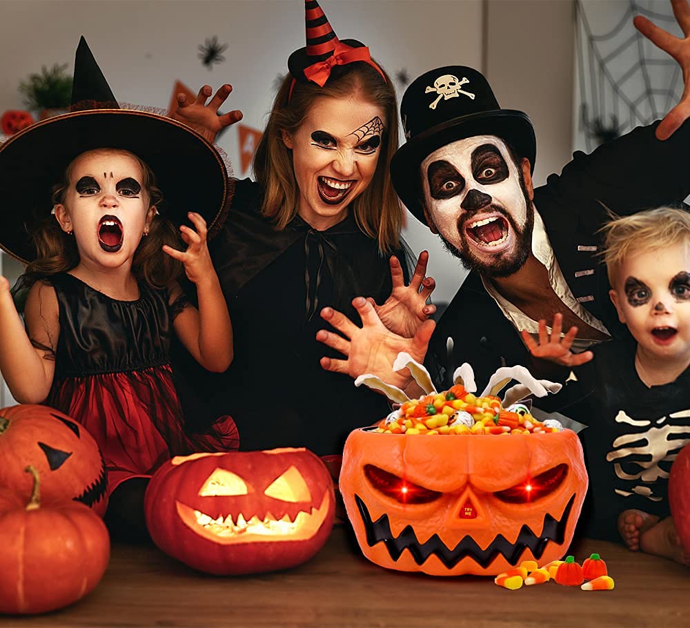 XOYTN XIMISHOP Animated Halloween Skull Bowl, Pumpkin Candy Dish With Creepy Moving Skeleton Hand for Party Decoration