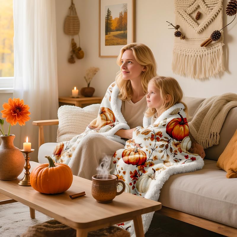 Lanpn Fall Pumpkin Flannel Throw Blanket, Soft Warm Flannel Sherpa Fleece Throws Orange Pumpkins Leaves Blanket for Couch Bed, Cozy Autumn Throw Blankets Farmhouse Thanksgiving Home Decor, 50"x60"