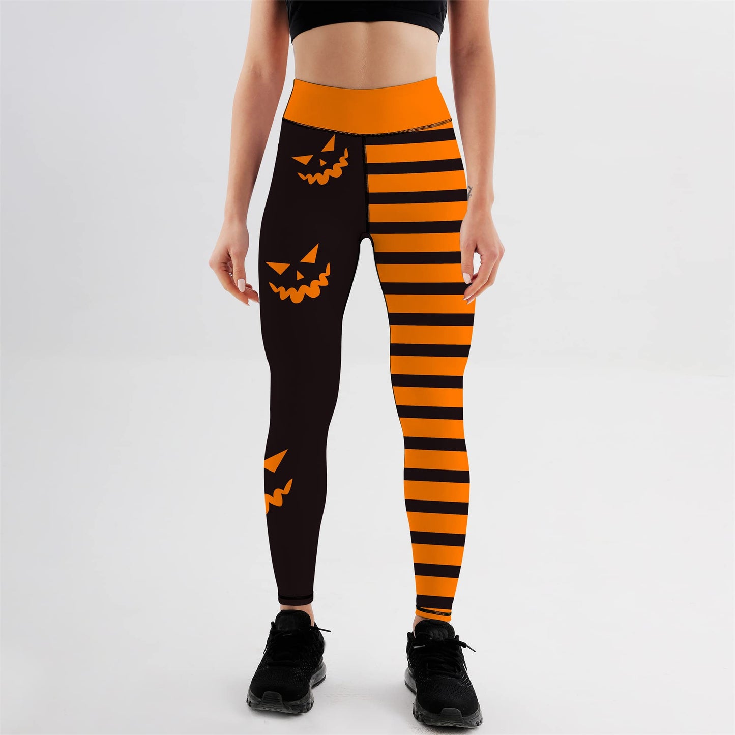 Yoga Legging Halloween Pumpkin Head Stripes Print Fashion Tummy Control Slimming High Waist Workout Pants for Gym Women's Sports DanceS
