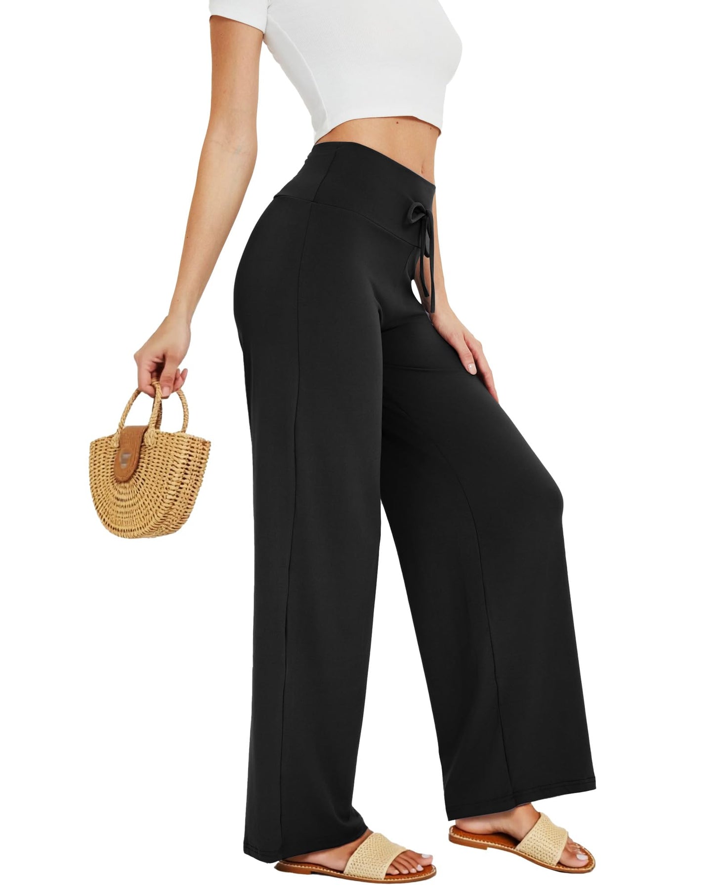 ZOOSIXX Soft Black Pajama Pants for Women, Wide Leg Comfy Casual Lounge Yoga Capri Pants 22'' / 30''