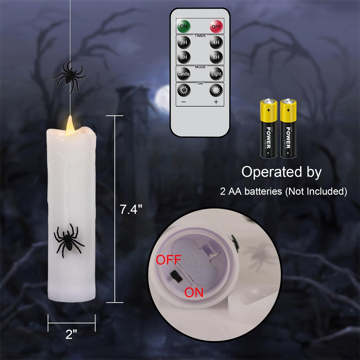 Wondise Halloween Flameless Floating Candle with Remote Timer, 4 Pack Battery Operated Hanging Candles with Spider Plastic LED Electric Candles for Halloween Decorations(White)
