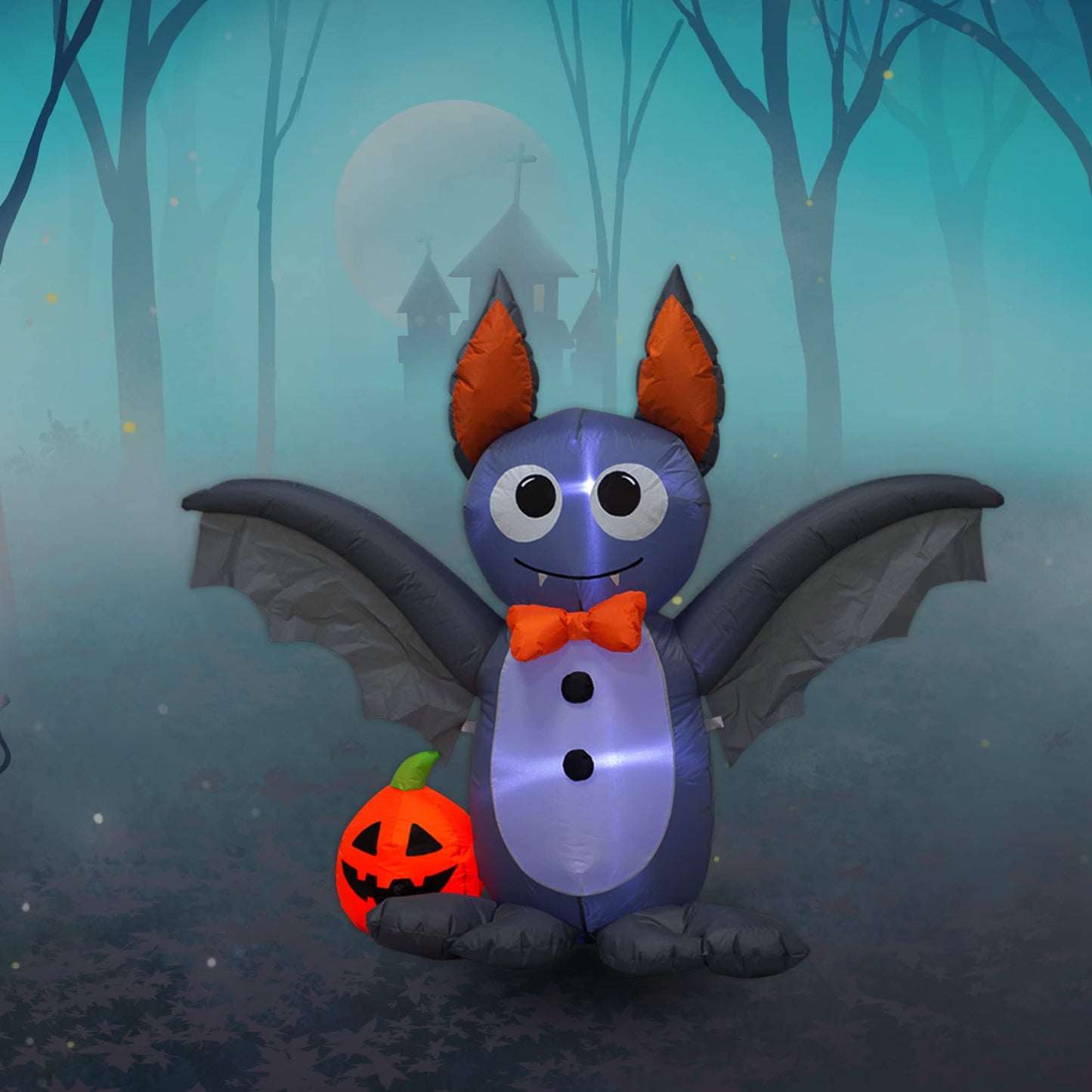 Ycolnaefllr 4 Foot Long Lighted Halloween Inflatable Bat & Pumpkin LED Lights Decor Outdoor Indoor Holiday Decorations, Blow up Lighted Yard Decor, Giant Lawn Inflatables Home Family Outside