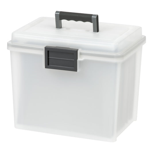 IRIS USA File Box WeatherPro Portable File Organizer Plastic File Box for Letter File w/ Organizer-Lid, Durable Lid and Seal w/ Secure Latching Buckles, Stackable and Nestable, Pearl 19 Qt. 1 Pack