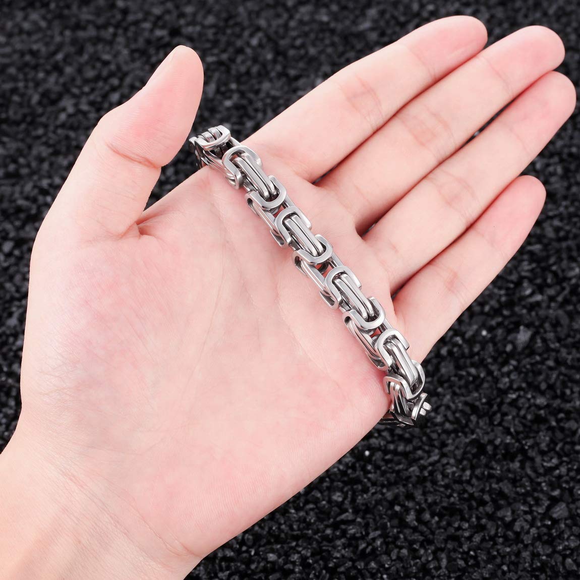 INBLUE 8mm Wide 316L Stainless Steel Bracelet Byzantine Link Chain Bracelet for Men Women Water Resistance (Color - Silver, Length - 9.0 Inch)