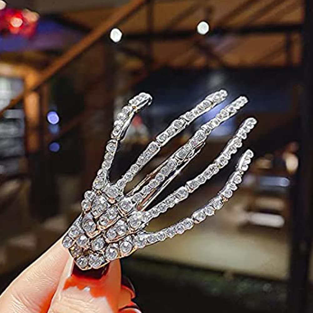 ZAHSY Hair Clip Rhinestone Skeleton Hand, 2 Count Halloween Hair Accessories for Women Girls, Silver, Skull Hand Hair Clips Barrettes Cosplay Party Favor