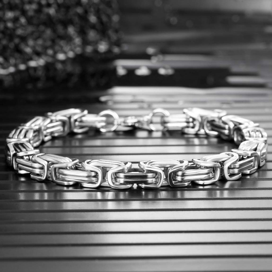 INBLUE 8mm Wide 316L Stainless Steel Bracelet Byzantine Link Chain Bracelet for Men Women Water Resistance (Color - Silver, Length - 9.0 Inch)