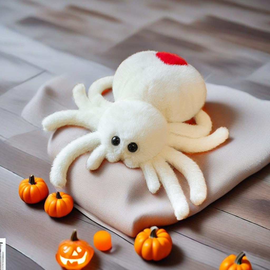XItbyja Halloween Spider Plush,Spider Stuffed Animal Toy,Cute Spiders Plushie,9.8inch Huggable Jumping Spiders Toy,Adorable Pillow Doll for Kids Halloween Decor,White