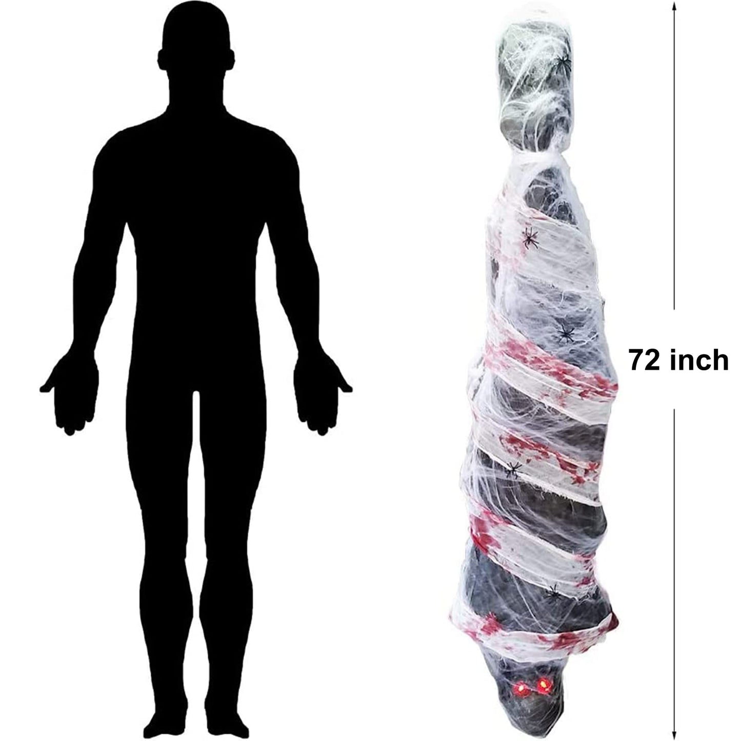 Zcaukya Halloween Decorations, 72 Inch Hanging Spooky Scary Creepy Mummy Decoration with LED Glowing Eyes and Voice Activated for Halloween Party, Haunted House, Yard, Ceiling, Indoor Outdoor Decor