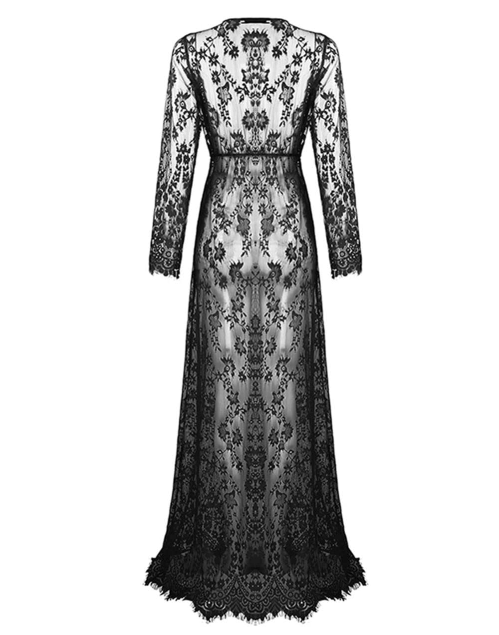 ZIUMUDY Sexy Deep V-Neck Long Sleeve Lace Beach See-Through Maternity Maxi Dress (XX-Large, Black)