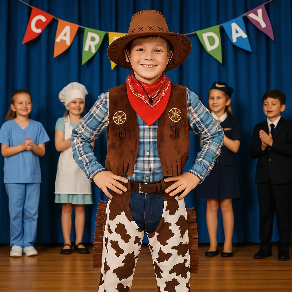 ZZIHAN Kids Cowboy Costume Chaps Vest for Boys Role Play Cowboy Cowgirl Hat Bandanas Sunglasses Dress up Accessories for Toddlers Boys Girls Birthday Party Halloween Christmas Cosplay Gift 3-5T
