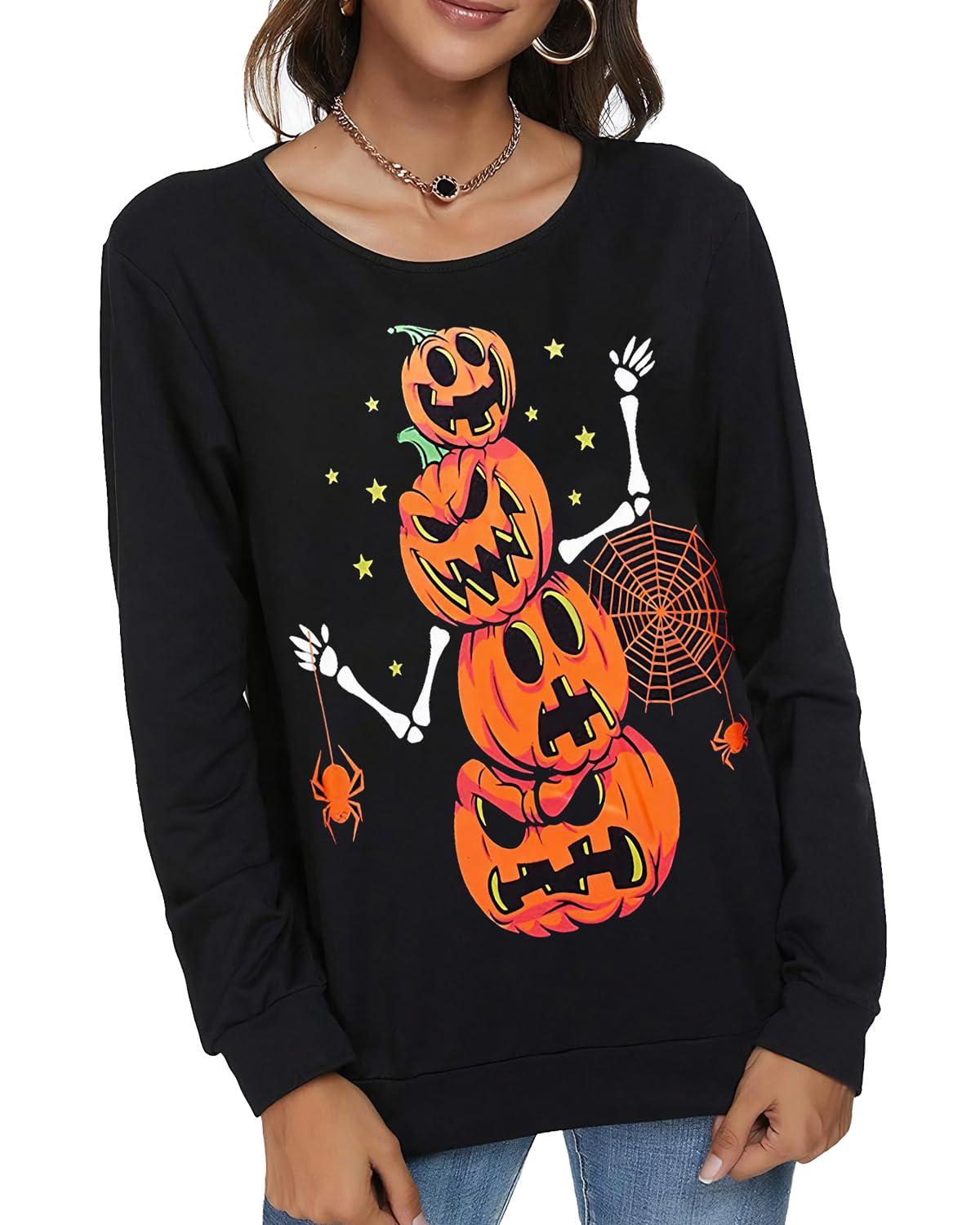 zarmfly Halloween Sweatshirts for Women Pumpkin Skeleton Shirts Long Sleeve Funny Pumpkin Graphic Halloween Tops M 8111