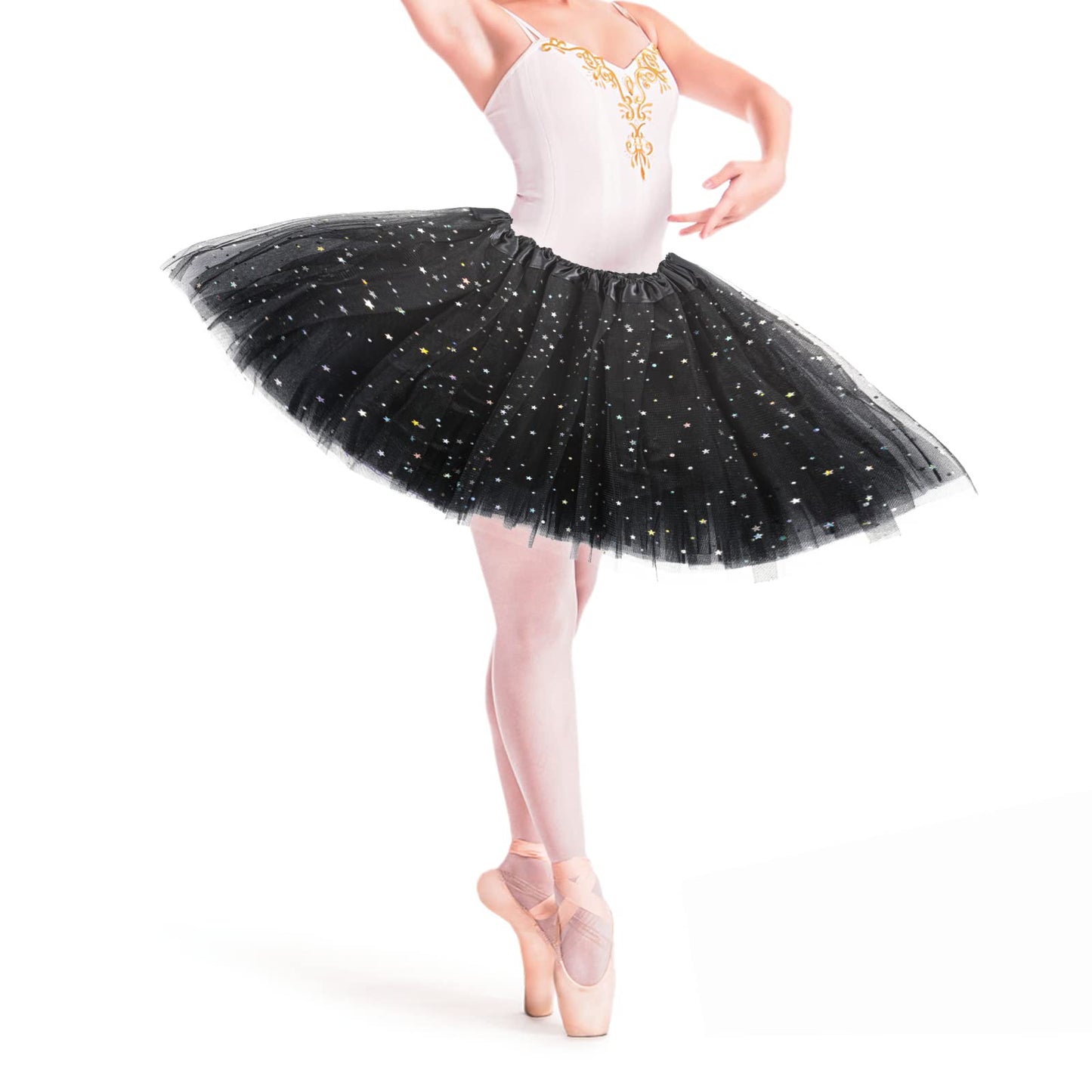 Yolev Tutu Skirts for Women Girls Adult Elastic 3 Layered Tulle Tutu Skirt with Sequin Stars Retro 80's Layered Bubble Skirt Running Skirt (Black)