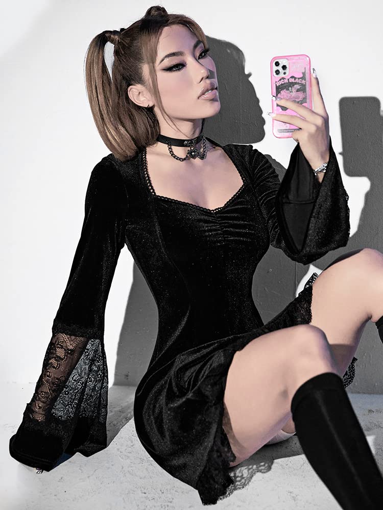 LANSHULAN Contrast Lace Long Sleeve Dress Black Goth Vintage Dresses