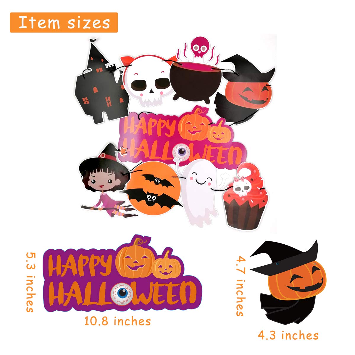 2025 Halloween Banner Party Decoration(Pre-Assembled) Cute Halloween Garland Bunting Banner Triangle Flag with Foil Swirl Ceiling Hanging Cards, Pumpkin Ghost Witches Bat Spider Skull Sticker