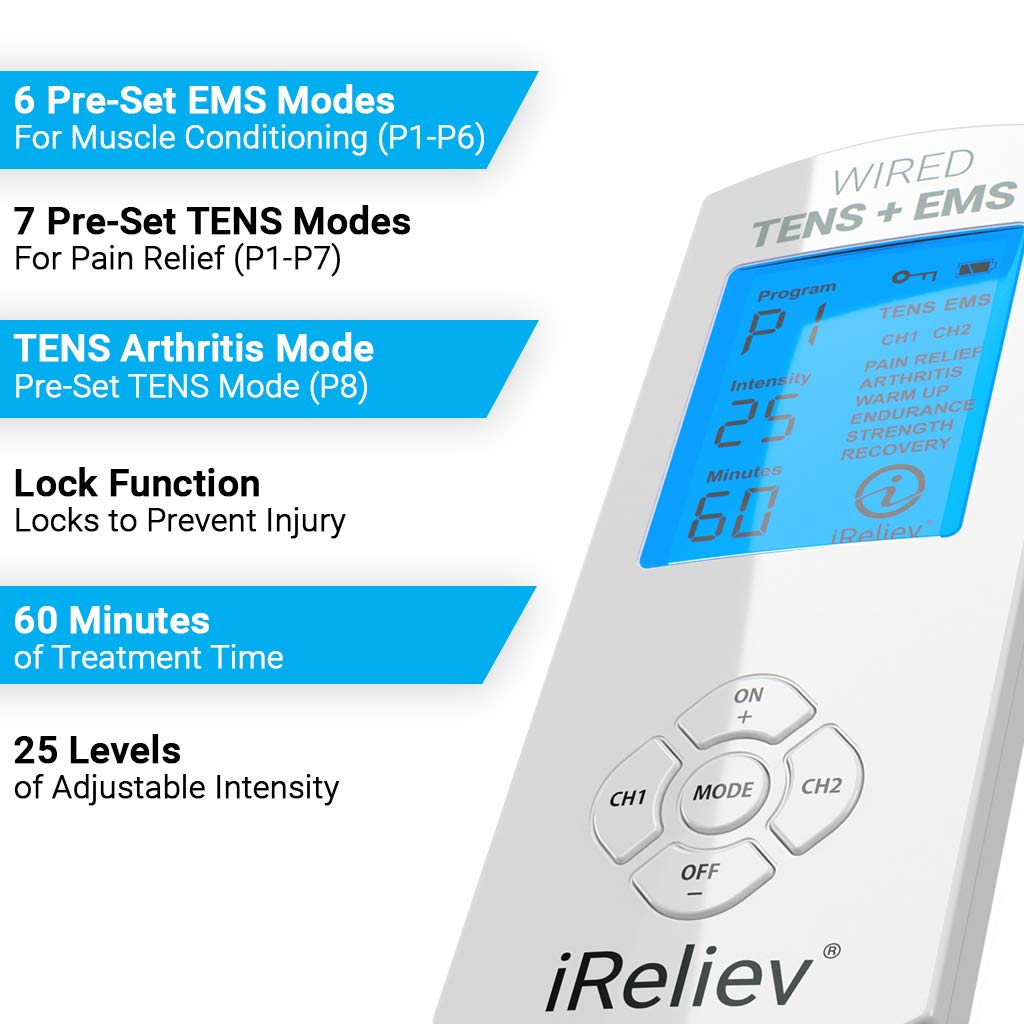 iReliev TENS Unit + EMS Muscle Stimulator Comes with 14 Therapy Modes, Premium Pain Relief and Recovery System, Rechargeable, Large Back Lit Display, Large and Small Electrode Pads