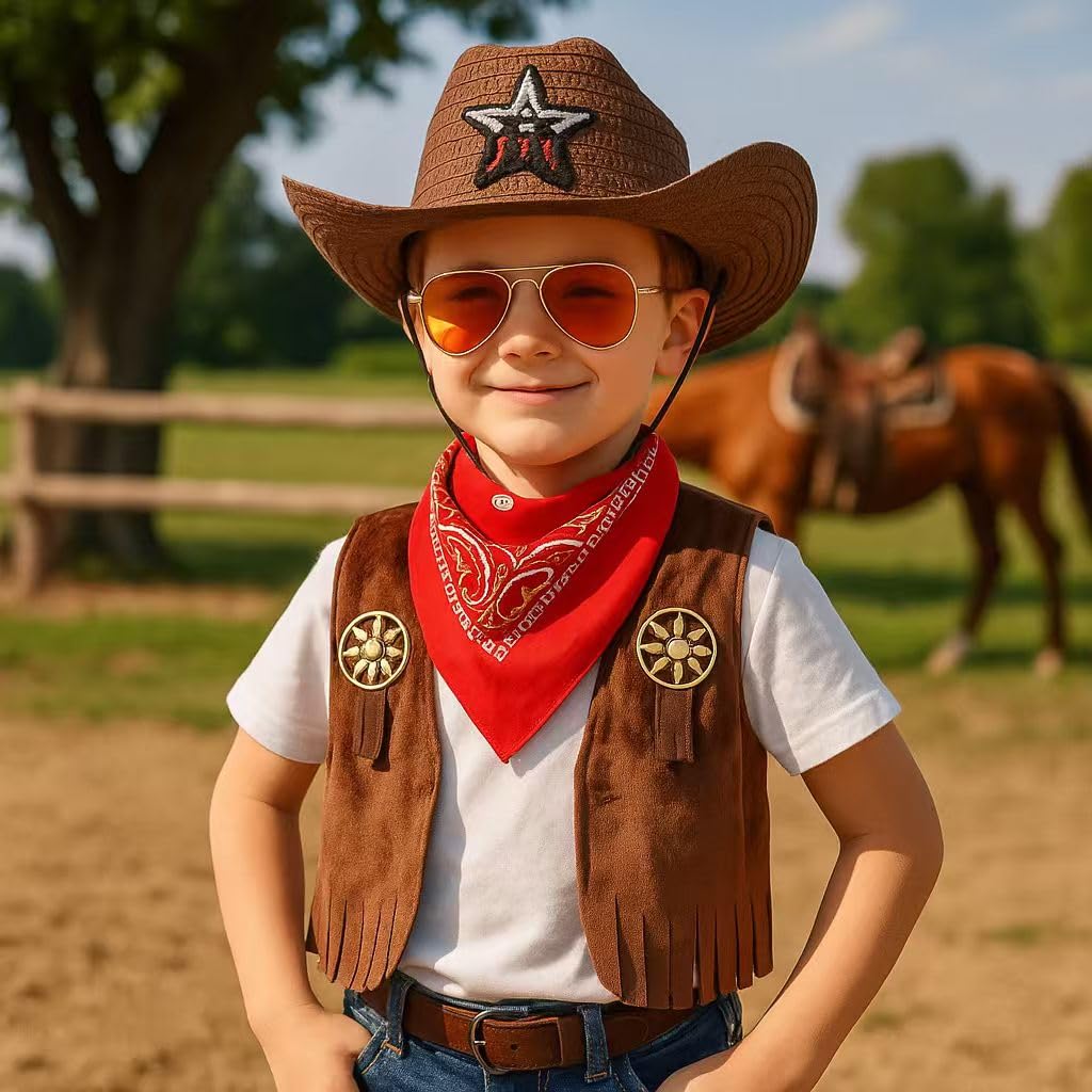 ZZIHAN Kids Cowboy Costume Vest for Boys Cowboy Accessories Hat Bandanas Sunglasses Metal Sheriff Badges Dress up for Boys Girls Birthday Party Halloween Christmas Cosplay Gift 7-8 Year