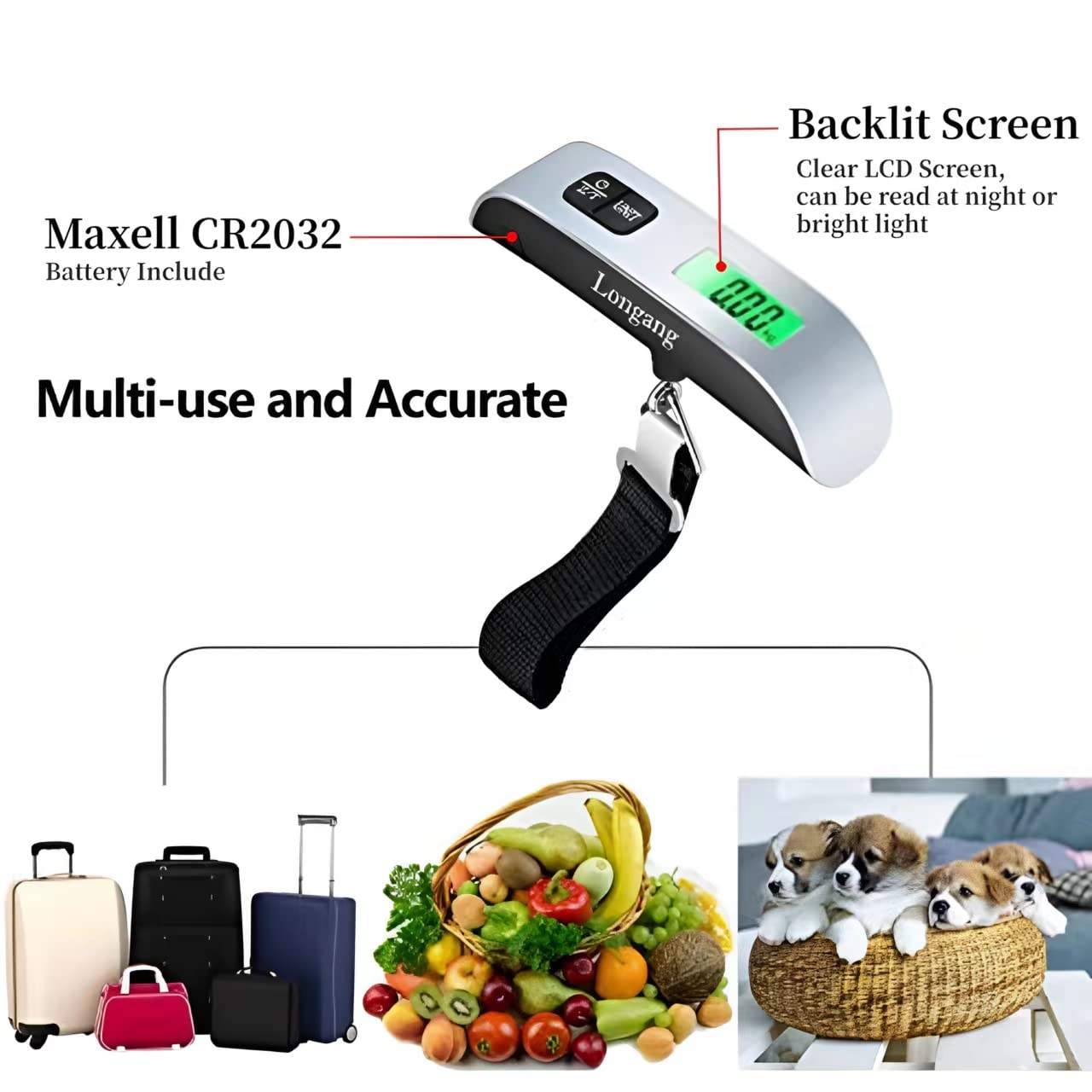 Longang Digital Hanging Luggage Scale with Backlit for Travel, Portable Handheld Suitcase Weight Scale with Hook, 110 Pounds, Battery Included